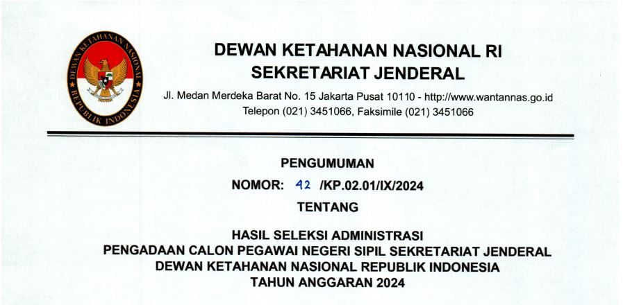 Hasil Seleksi Administrasi Pengadaan CPNS Setjen Wantannas RI TA 2024