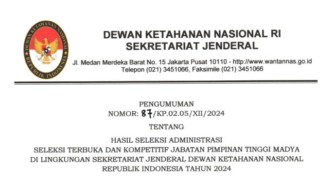 Pengumuman Hasil Seleksi Administrasi Selter Wantannas 2024