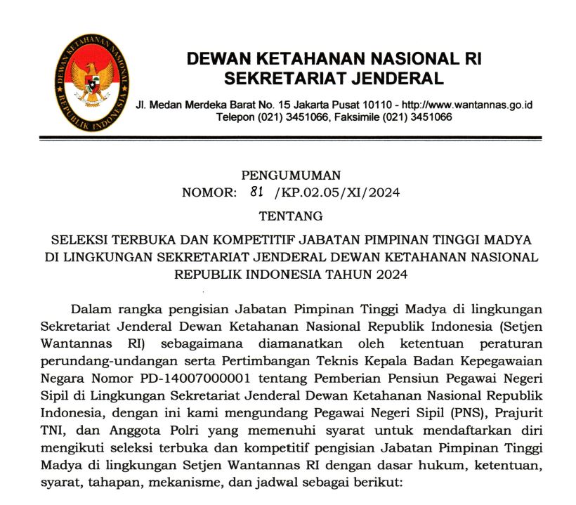 Pengumuman Seleksi Terbuka dan Kompetitif JPT Madya di Setjen Wantannas RI Tahun 2024